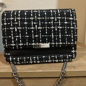 Nine West Tweed Chain Shoulder Bag Black White Classic Flap Purse
